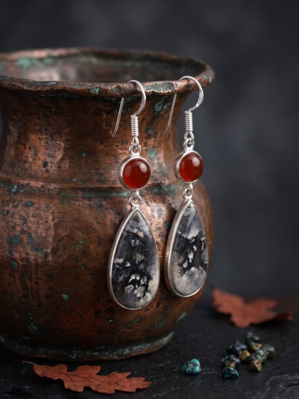 Maligano Jasper Carnelian Earrings 925 Sterling Silver Teardrop Dangle Boho 2.3"